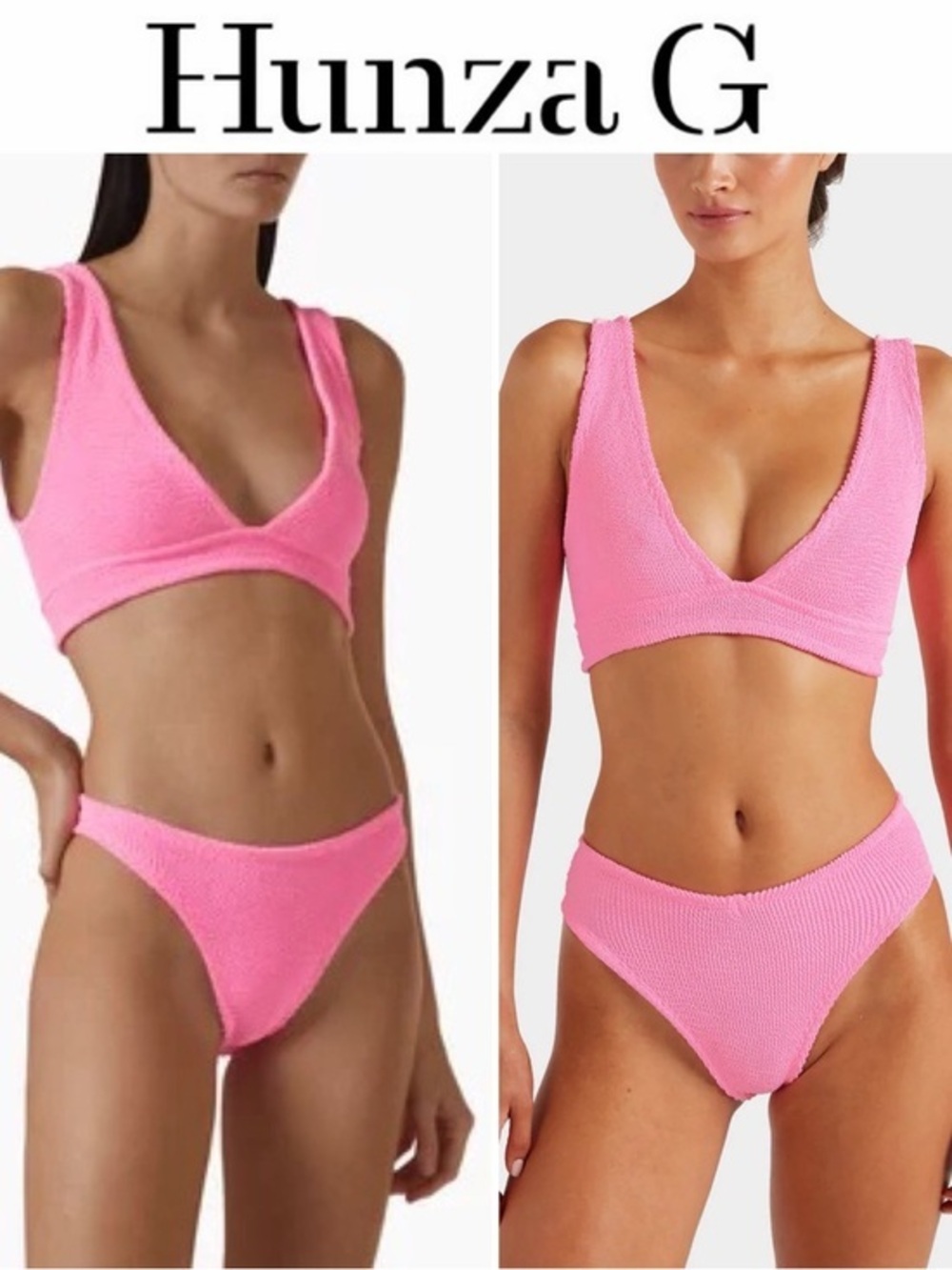 Hunza G Carla Bikini Set in Crinkle Fabric Bright Pink Bikini Set OS NWT 270$